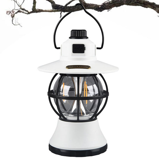 Lampă de camping retro portabilă, Felinar Vintage LED ABS, Acumulator inclus 1200 mAh, reincarcabila, 20 cm inaltime, 3 moduri de iluminare, intensitate reglabila,Lampa portabila pentru cort în aer liber, Alb-1