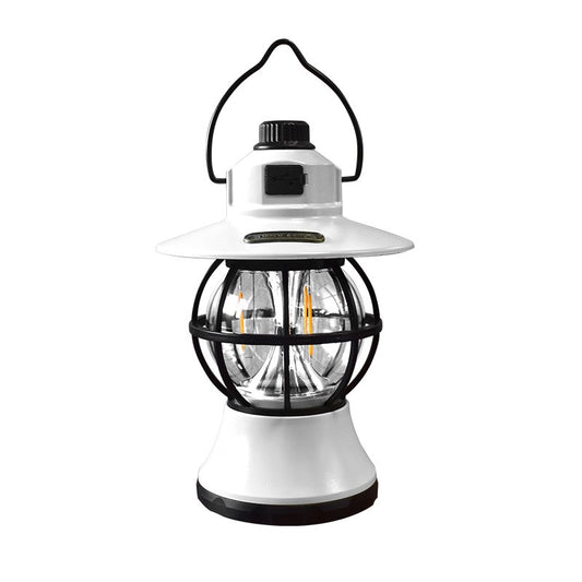 Lampă de camping retro portabilă, Felinar Vintage LED ABS, Acumulator inclus 1200 mAh, reincarcabila, 20 cm inaltime, 3 moduri de iluminare, intensitate reglabila,Lampa portabila pentru cort în aer liber, Alb-0