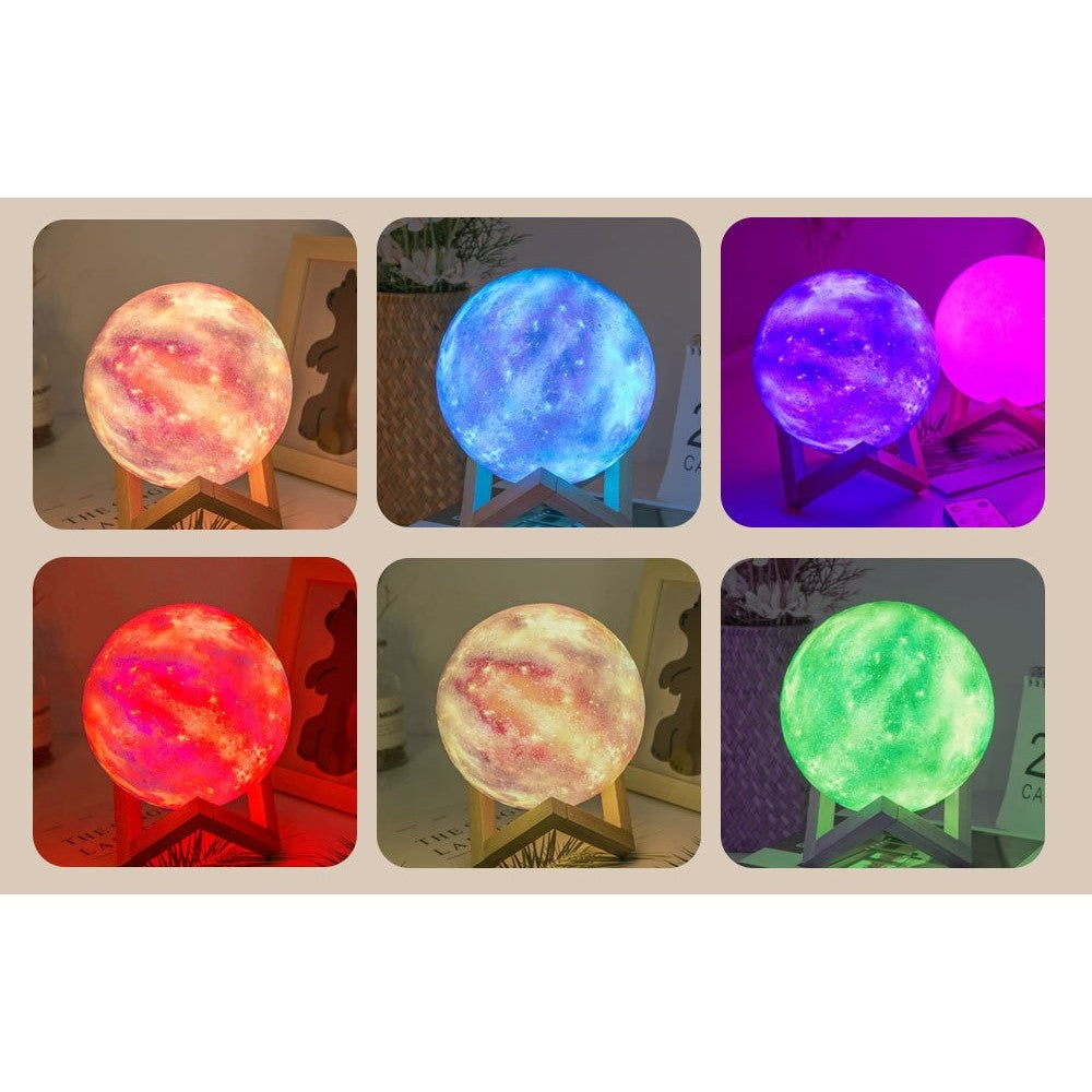 Lampa de veghe cu telecomanda  in forma de luna cu stele 3D Moon Light 7 culori, alimentare baterii, stand din lemn inclus, 15 cm, Flippy-3