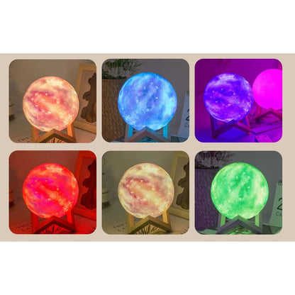 Lampa de veghe cu telecomanda  in forma de luna cu stele 3D Moon Light 7 culori, alimentare baterii, stand din lemn inclus, 15 cm, Flippy-3