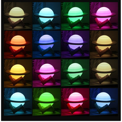 Lampa de veghe cu telecomanda in forma de Saturn 3D Saturn Light 16 culori, alimentare baterii, stand lemn inclus, 15 cm, Flippy-1