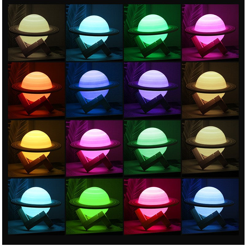 Lampa de veghe cu telecomanda in forma de Saturn 3D Saturn Light 16 culori, alimentare baterii, stand lemn inclus, 15 cm, Flippy-1