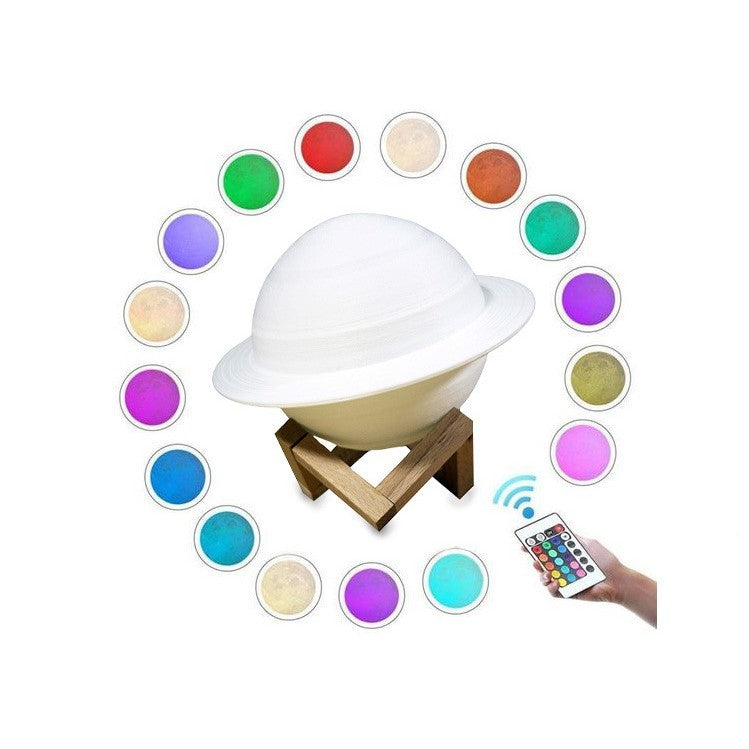 Lampa de veghe cu telecomanda in forma de Saturn 3D Saturn Light 16 culori, alimentare baterii, stand lemn inclus, 15 cm, Flippy-2