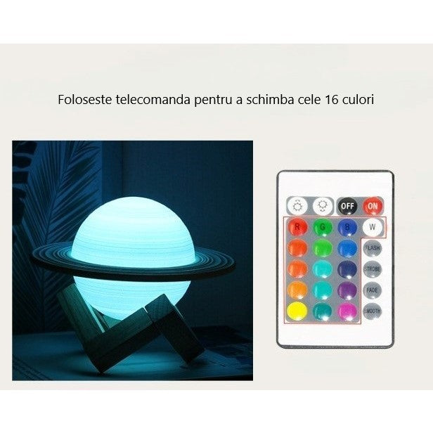 Lampa de veghe cu telecomanda in forma de Saturn 3D Saturn Light 16 culori, alimentare baterii, stand lemn inclus, 15 cm, Flippy-8