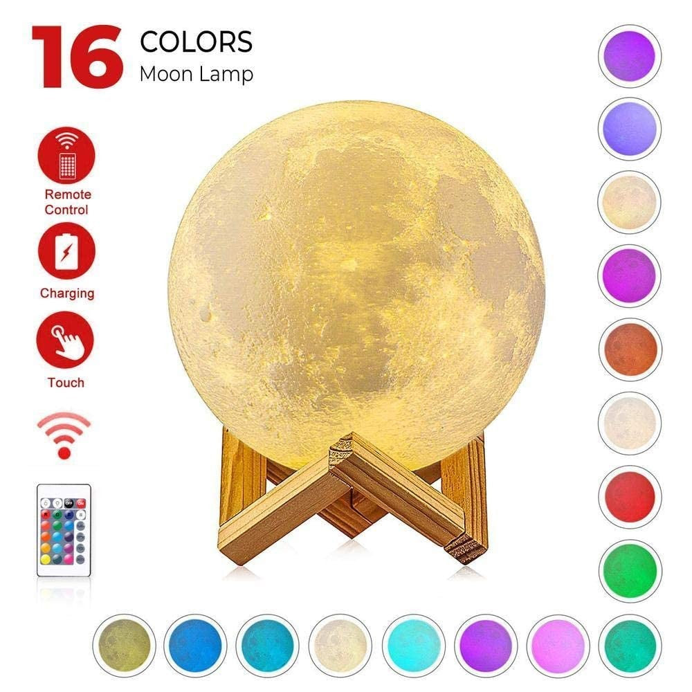 Lampa de veghe in forma de luna cu stele 3D Moon Light, Acumulator integrat, alimentare USB, stand din plastic inclus, 13 cm, 16 culori, Multicolor, Telecomanda inclusa, Flippy-8
