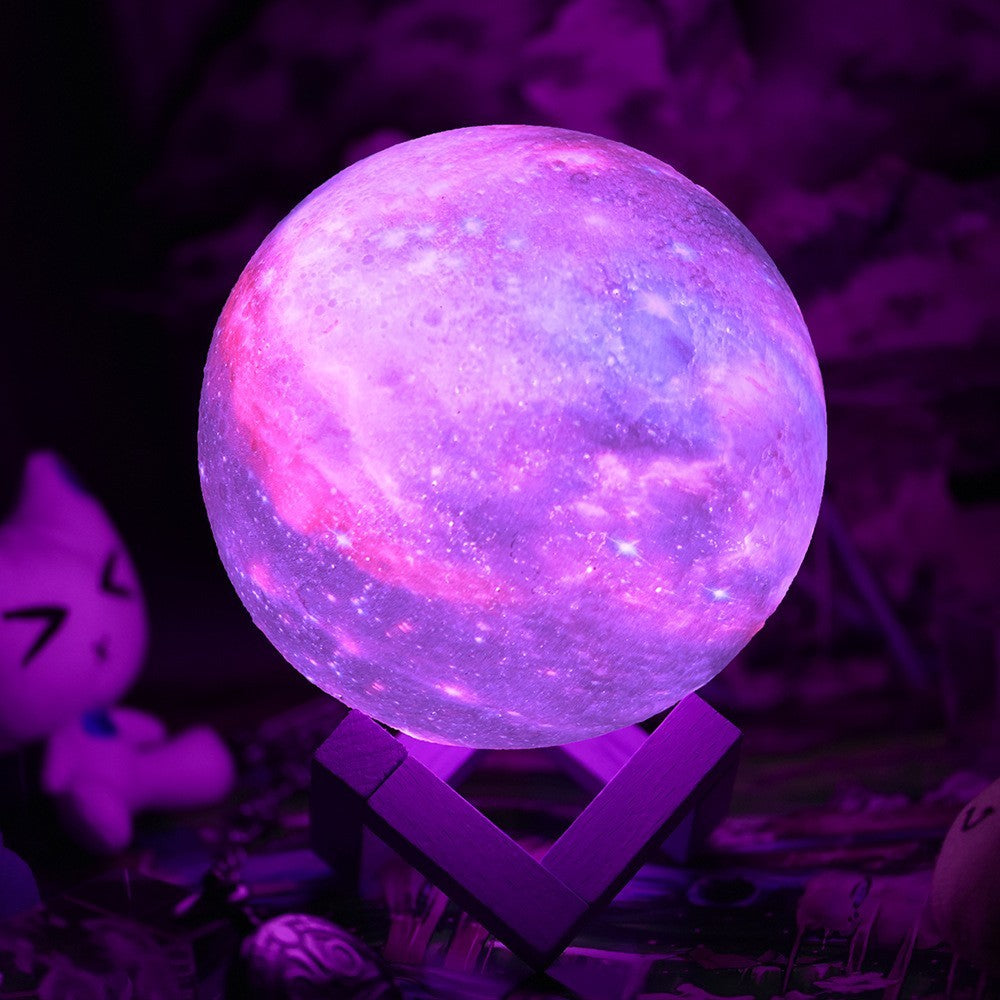 Lampa de veghe in forma de luna cu stele 3D Moon Light, alimentare baterii, stand din lemn inclus, 10 cm, Flippy-3