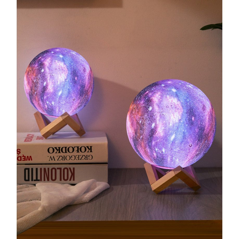Lampa de veghe in forma de luna cu stele 3D Moon Light, alimentare baterii, stand din lemn inclus, 10 cm, Flippy-5