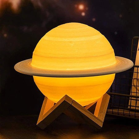 Lampa de veghe in forma de Saturn 3D Moon Light Alb Cald, alimentare baterii, stand plastic inclus, 13 cm, Flippy-1