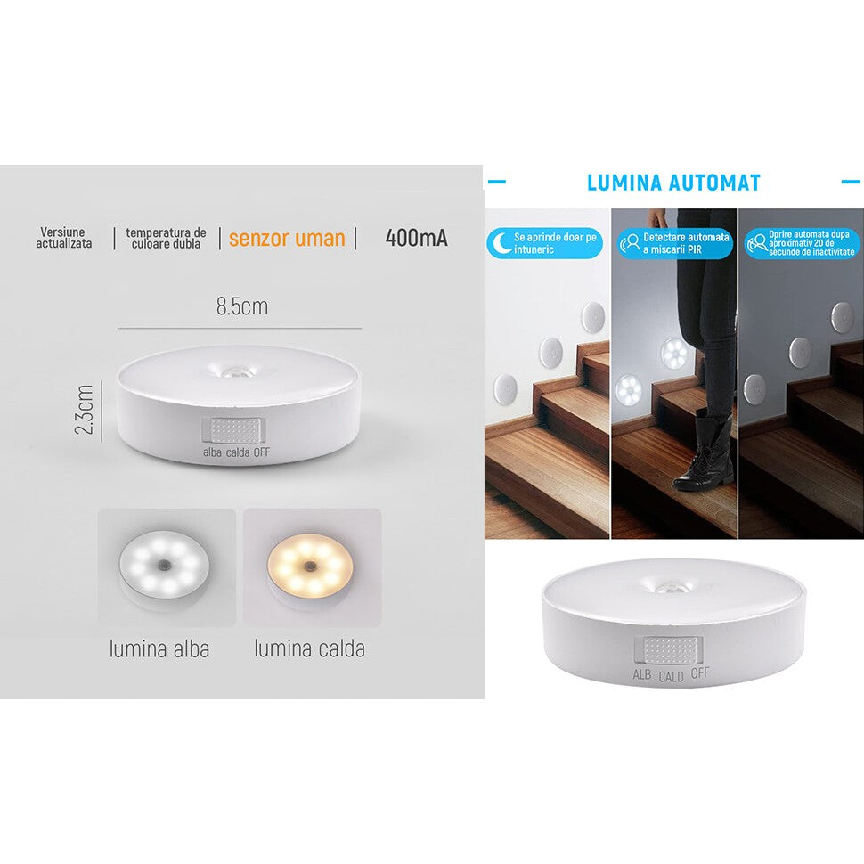 Lampa de Veghe LED, Flippy, cu Senzor de Miscare, Incarcare USB, 0.6W, 300mAh, Design Rotund, Alb, 8.5x2.3 cm-4