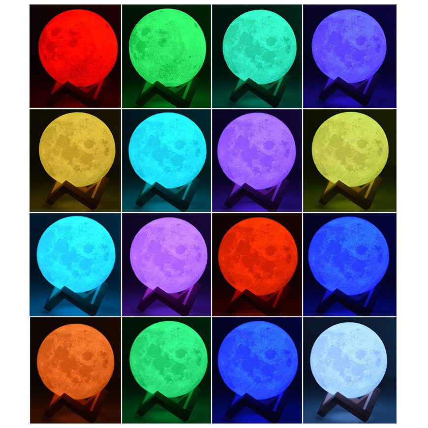 Lampa de veghe luna 3D Moon Light, lumina multicolora cu LED, 7 culori, schimbare culoare prin atingere, alimentare baterii, fara acumulator, stand din plastic inclus, 18 cm, Flippy-7