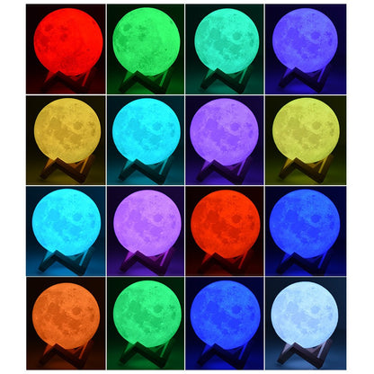 Lampa de veghe luna 3D Moon Light, lumina multicolora cu LED, 7 culori, schimbare culoare prin atingere, alimentare baterii, fara acumulator, stand din plastic inclus, 18 cm, Flippy-7