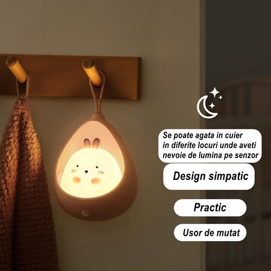 Lampa de veghe portabila cu 2 moduri de functionare Flippy, silicon non-toxic, reincarcabila USB, senzor miscare, roz, iepuras-1