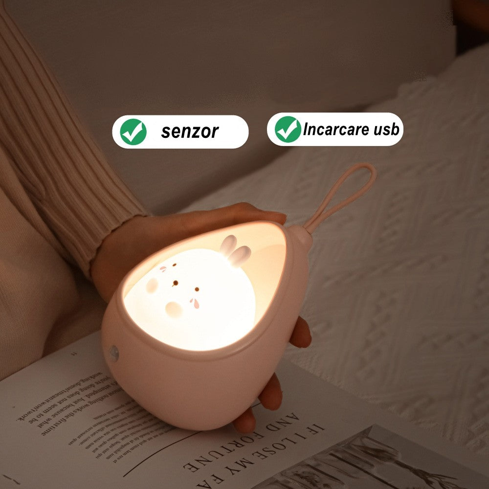 Lampa de veghe portabila cu 2 moduri de functionare Flippy, silicon non-toxic, reincarcabila USB, senzor miscare, roz, iepuras-2
