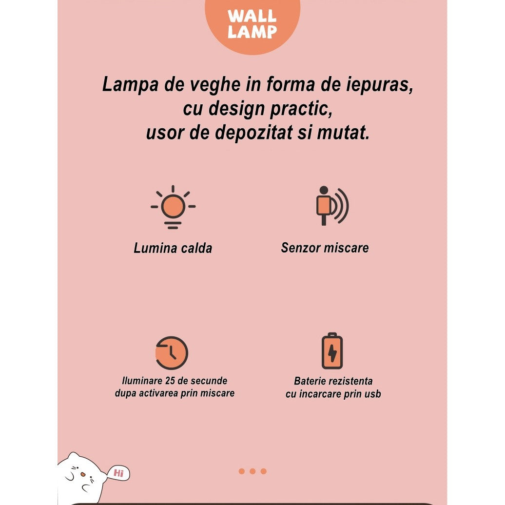 Lampa de veghe portabila cu 2 moduri de functionare Flippy, silicon non-toxic, reincarcabila USB, senzor miscare, roz, iepuras-3
