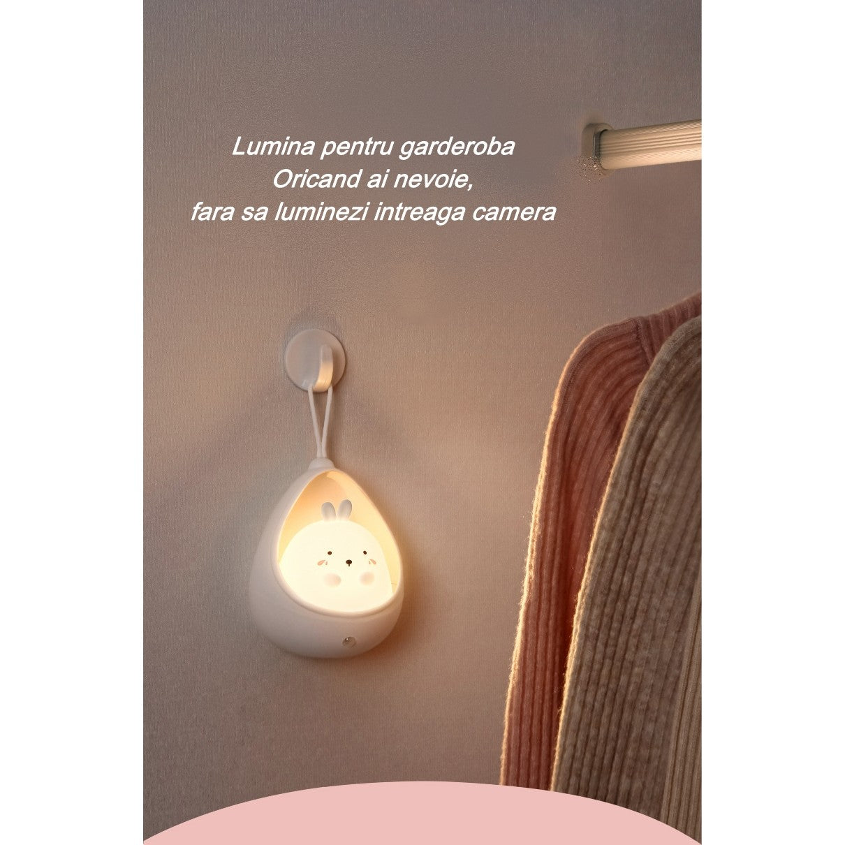 Lampa de veghe portabila cu 2 moduri de functionare Flippy, silicon non-toxic, reincarcabila USB, senzor miscare, roz, iepuras-6