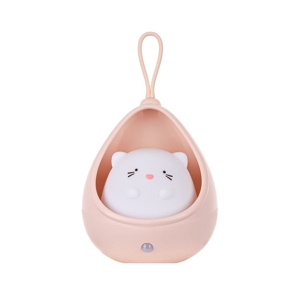 Lampa de veghe portabila cu 2 moduri de functionare Flippy, silicon non-toxic, reincarcabila USB, senzor miscare, roz, pisicuta-1