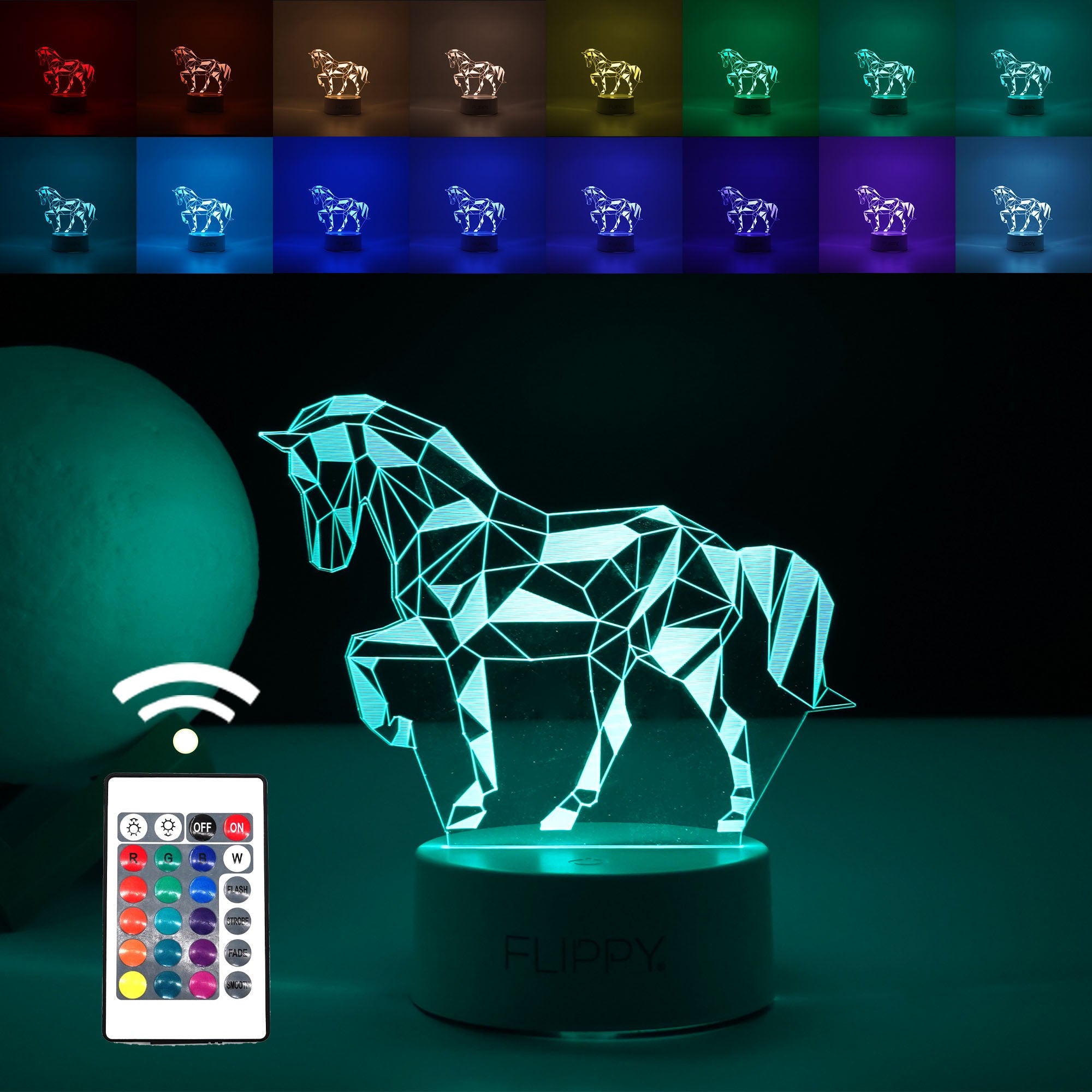 Lampa LED decorativa, Flippy, 3D, Cal, cu telecomanda, doua moduri de alimentare USB si baterii, 20 cm inaltime, din material acril si lumina multicolora, alb-0