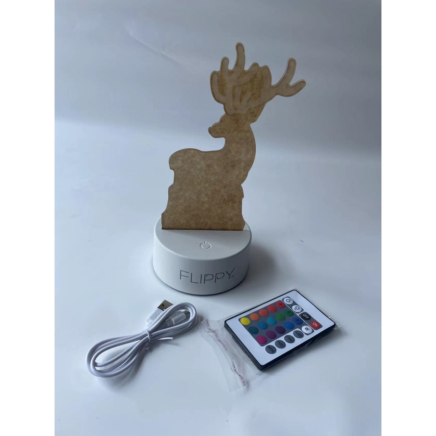 Lampa LED decorativa, Flippy, 3D, Cerb, cu telecomanda, doua moduri de alimentare USB si baterii, 20 cm inaltime, din material acril si lumina multicolora, alb-9