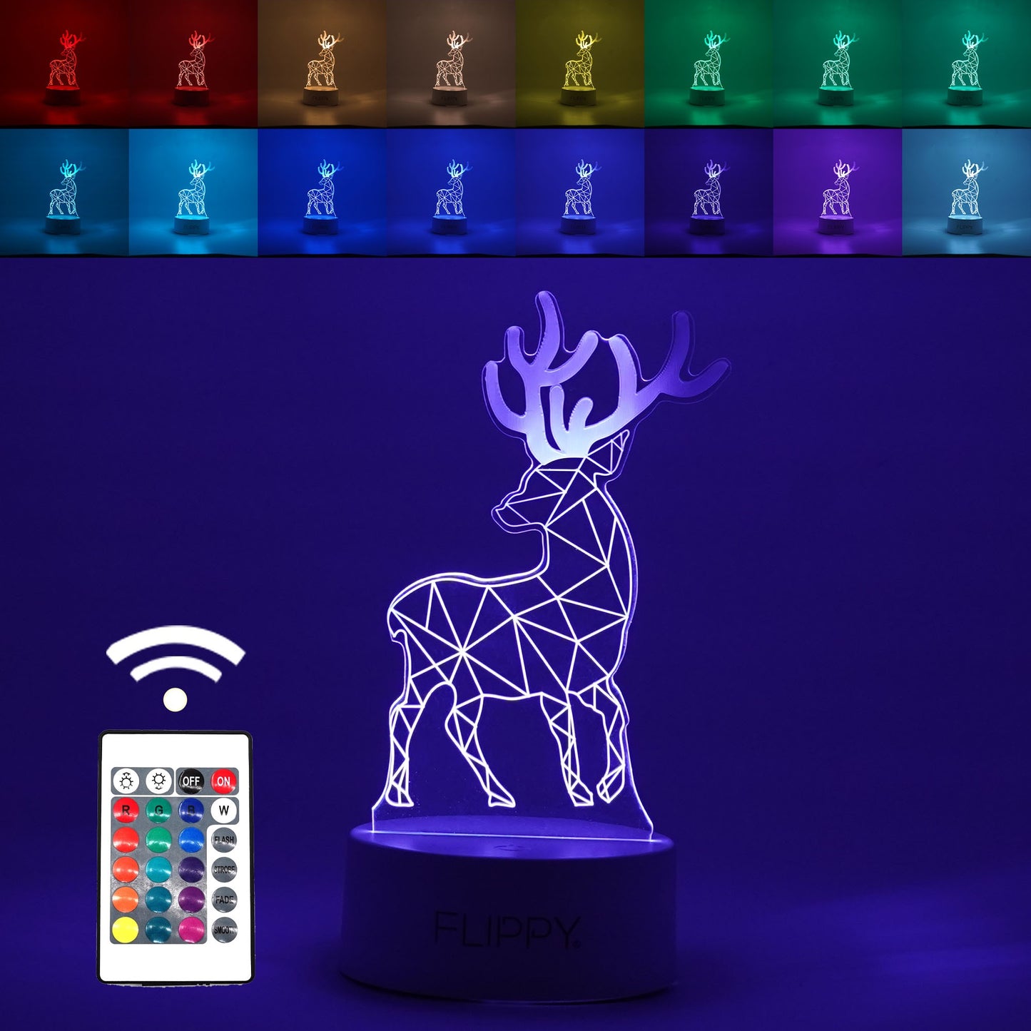 Lampa LED decorativa, Flippy, 3D, Cerb, cu telecomanda, doua moduri de alimentare USB si baterii, 20 cm inaltime, din material acril si lumina multicolora, alb-0