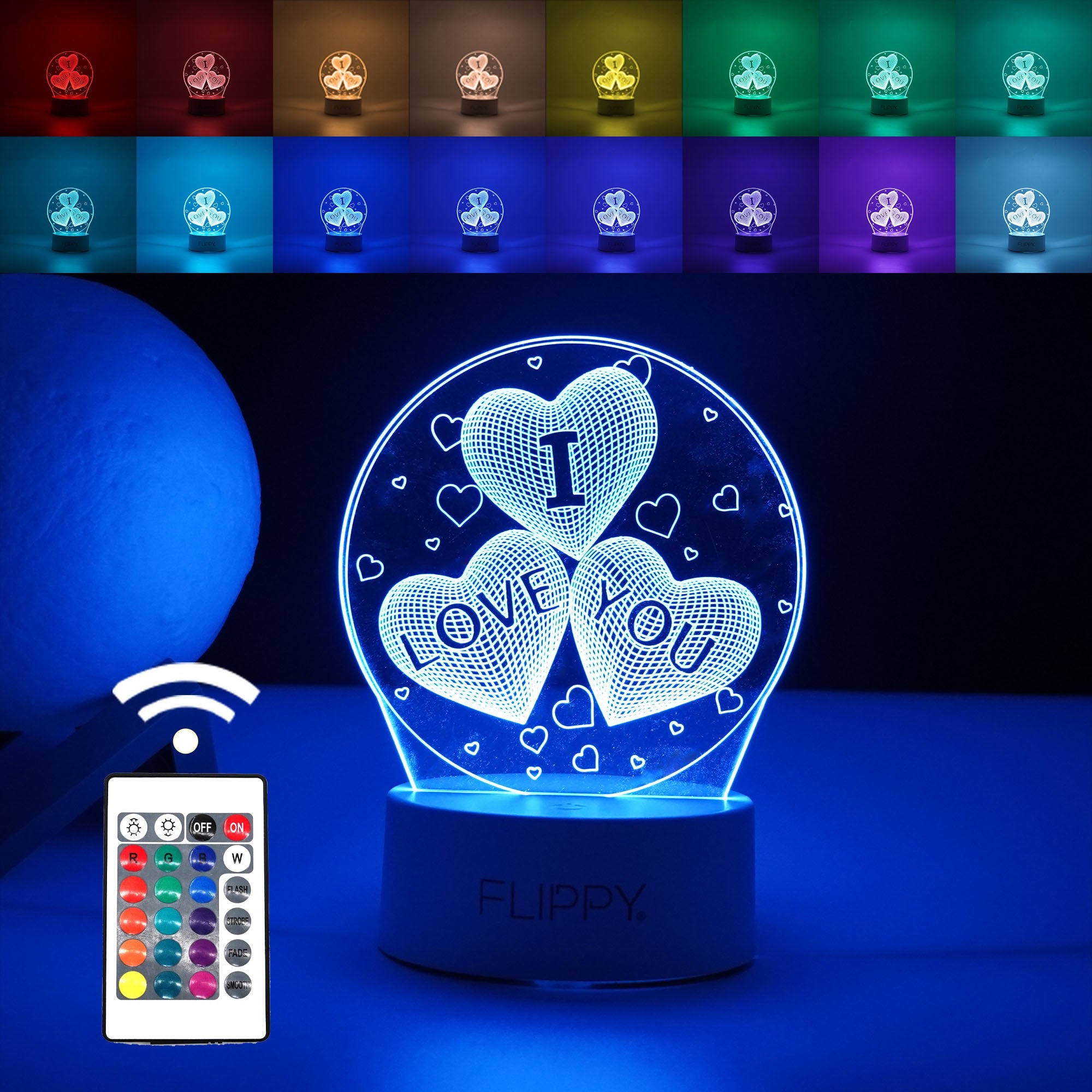 Lampa LED decorativa, Flippy, 3D, cu text "I love you", doua moduri de alimentare USB si baterii, 20 cm inaltime, din material acril si lumina multicolora, alb-0