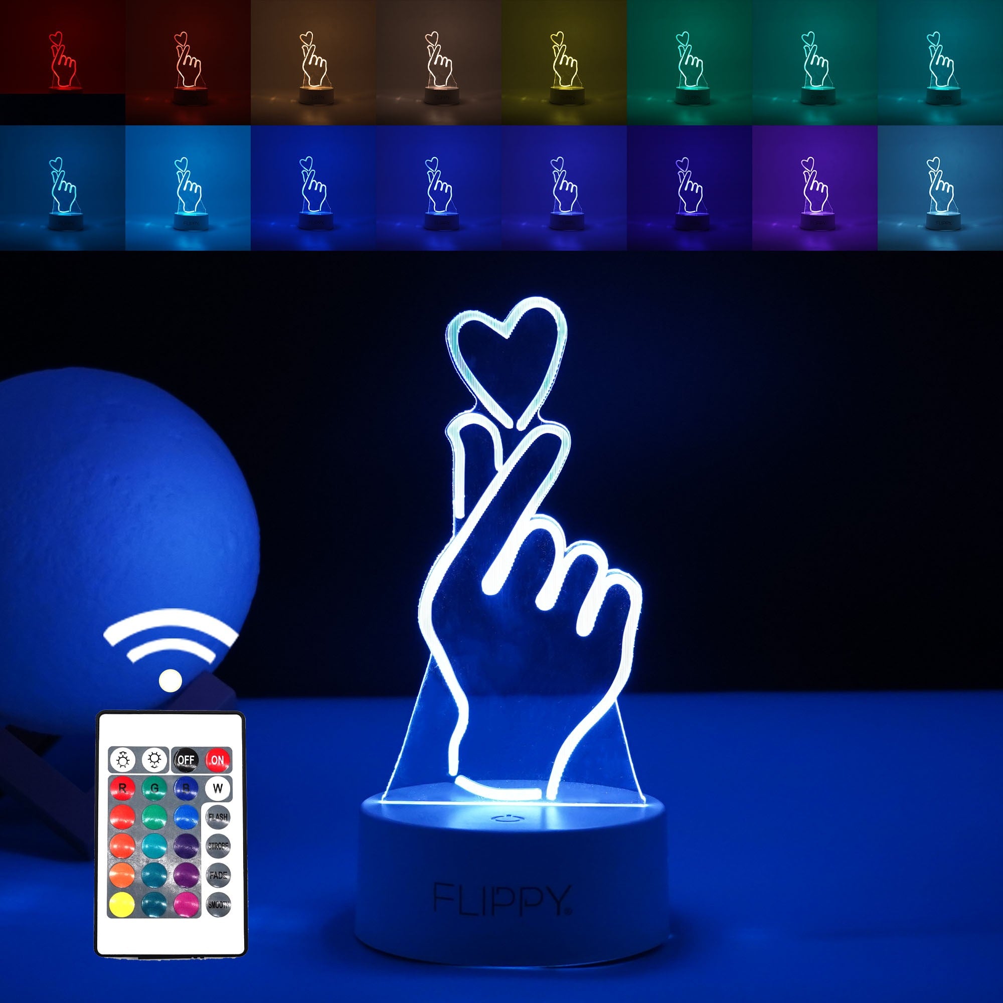 Lampa LED decorativa, Flippy, 3D, Mana si Inima, din material acril si lumina multicolora, alb-0