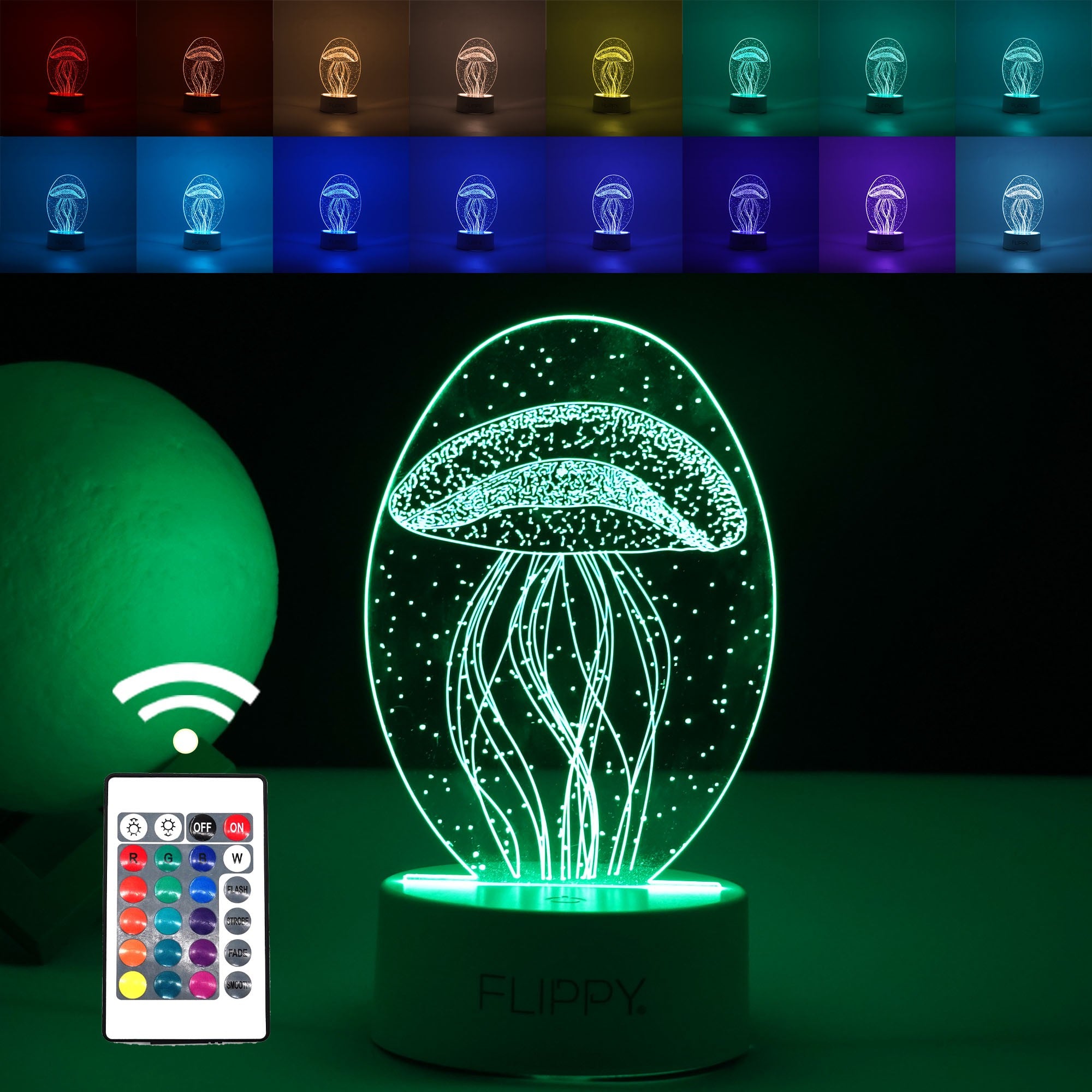 Lampa LED decorativa, Flippy, 3D, Meduza, din material acril si lumina multicolora, alb-0