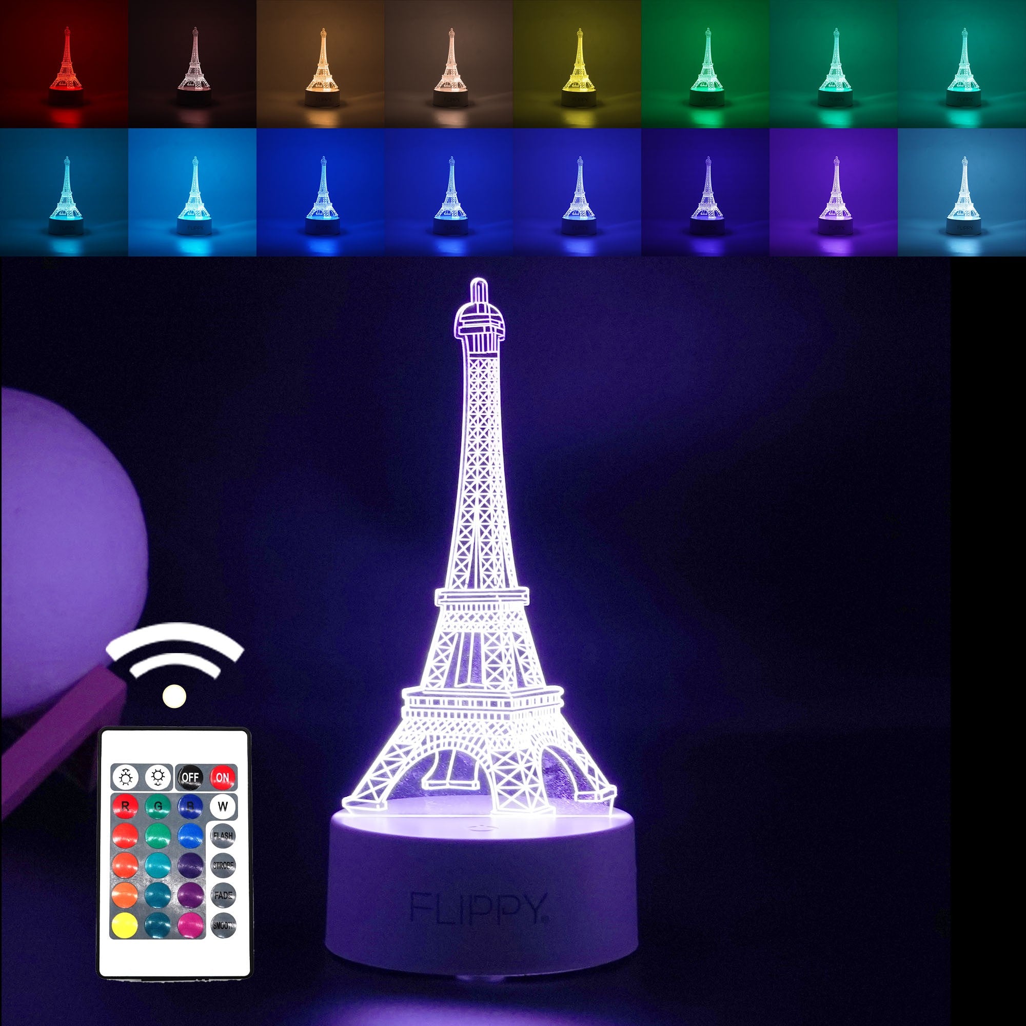 Lampa LED decorativa, Flippy, 3D, Turnul Eiffel, din material acril si lumina multicolora, alb-0