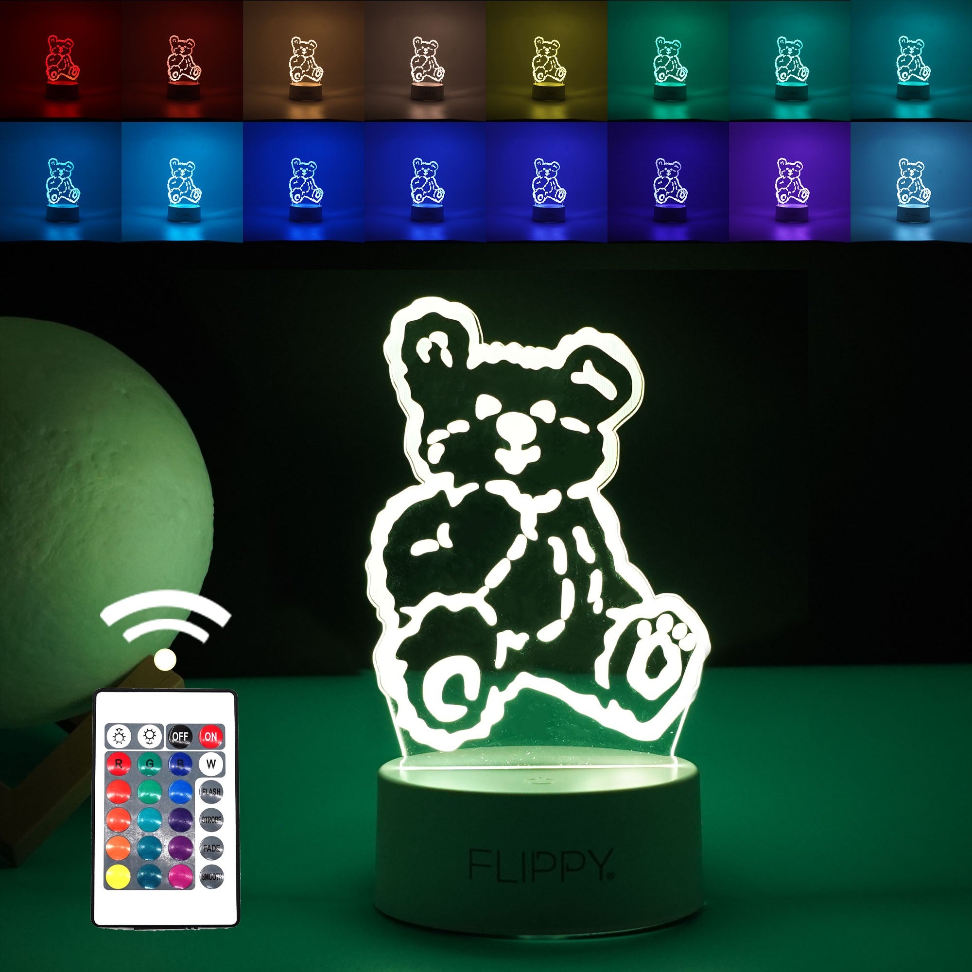Lampa LED decorativa, Flippy, 3D, Ursulet, cu telecomanda, doua moduri de alimentare USB si baterii, 20 cm inaltime, din material acril si lumina multicolora, alb-0