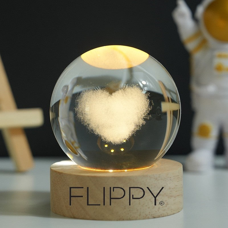 Lampa LED Decorativa, Flippy, Bila de Cristal cu Diametru 6cm, Model Inima 3D, Alimentare USB, Suport din Lemn, Lumina Alb Cald-3