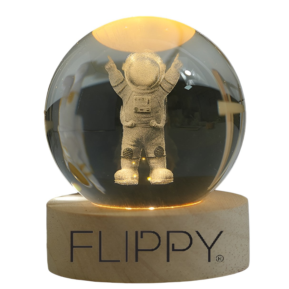 Lampa LED Decorativa, Flippy, cu Bila de Cristal cu Diametru 6cm, Model Astronaut 3D, Alimentare USB, Suport din Lemn, Lumina Alb Cald-0