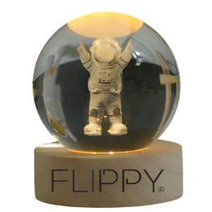Lampa LED Decorativa, Flippy, cu Bila de Cristal cu Diametru 6cm, Model Astronaut 3D, Alimentare USB, Suport din Lemn, Lumina Alb Cald-0