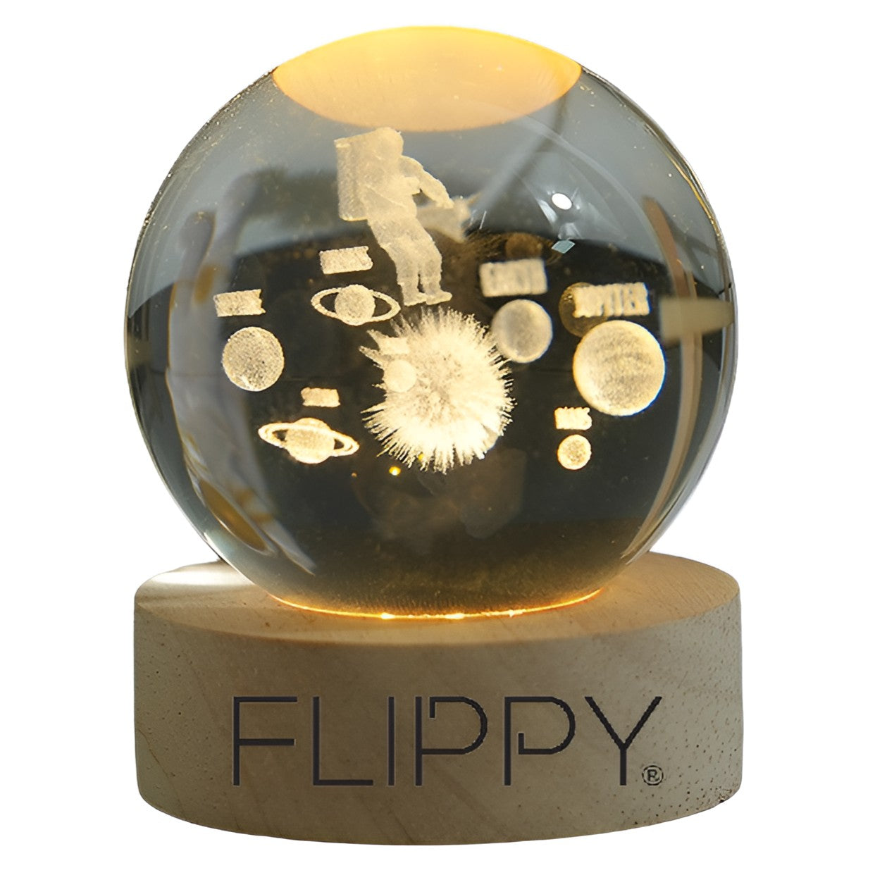 Lampa LED Decorativa, Flippy, cu Bila de Cristal cu Diametru 6cm, Model Astronaut in Galaxie 3D, Alimentare USB, Suport din Lemn, Lumina Alb Cald-0