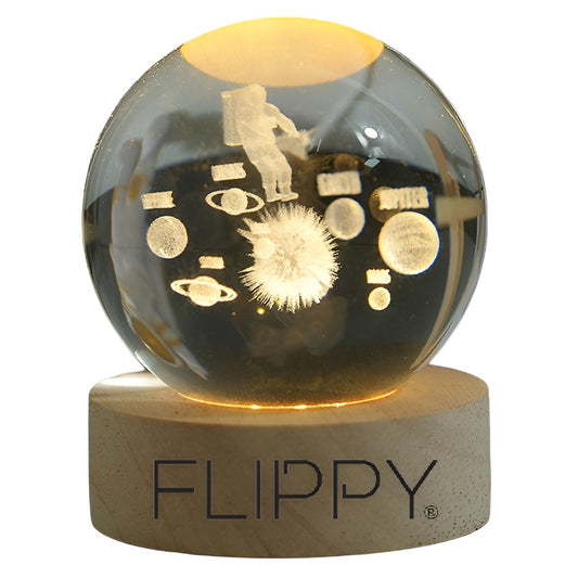 Lampa LED Decorativa, Flippy, cu Bila de Cristal cu Diametru 6cm, Model Astronaut in Galaxie 3D, Alimentare USB, Suport din Lemn, Lumina Alb Cald-0