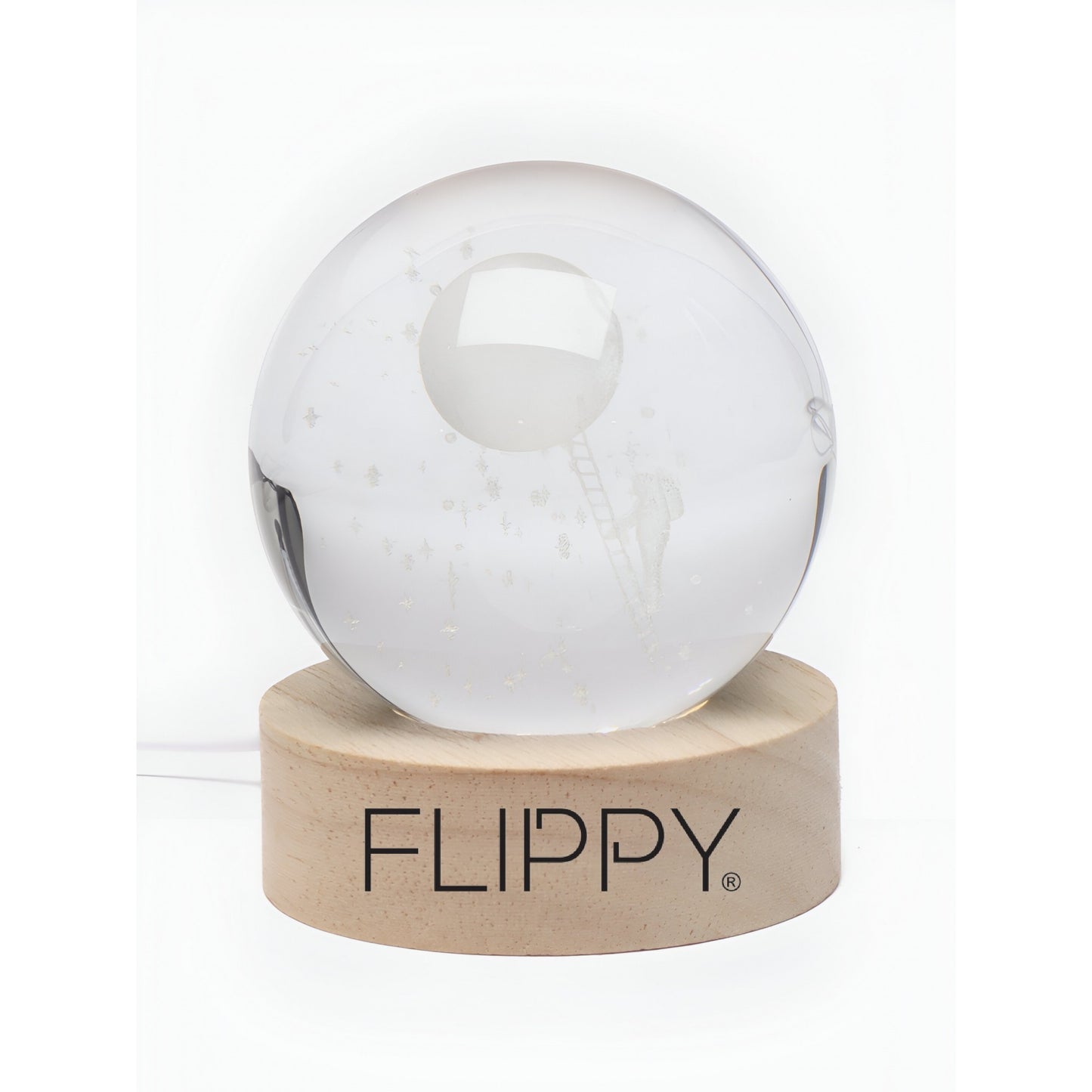 Lampa LED Decorativa, Flippy, cu Bila de Cristal cu Diametru 6cm, Model Astronaut pe Scara catre Luna 3D, Alimentare USB, Suport din Lemn, Lumina Alb Cald-4