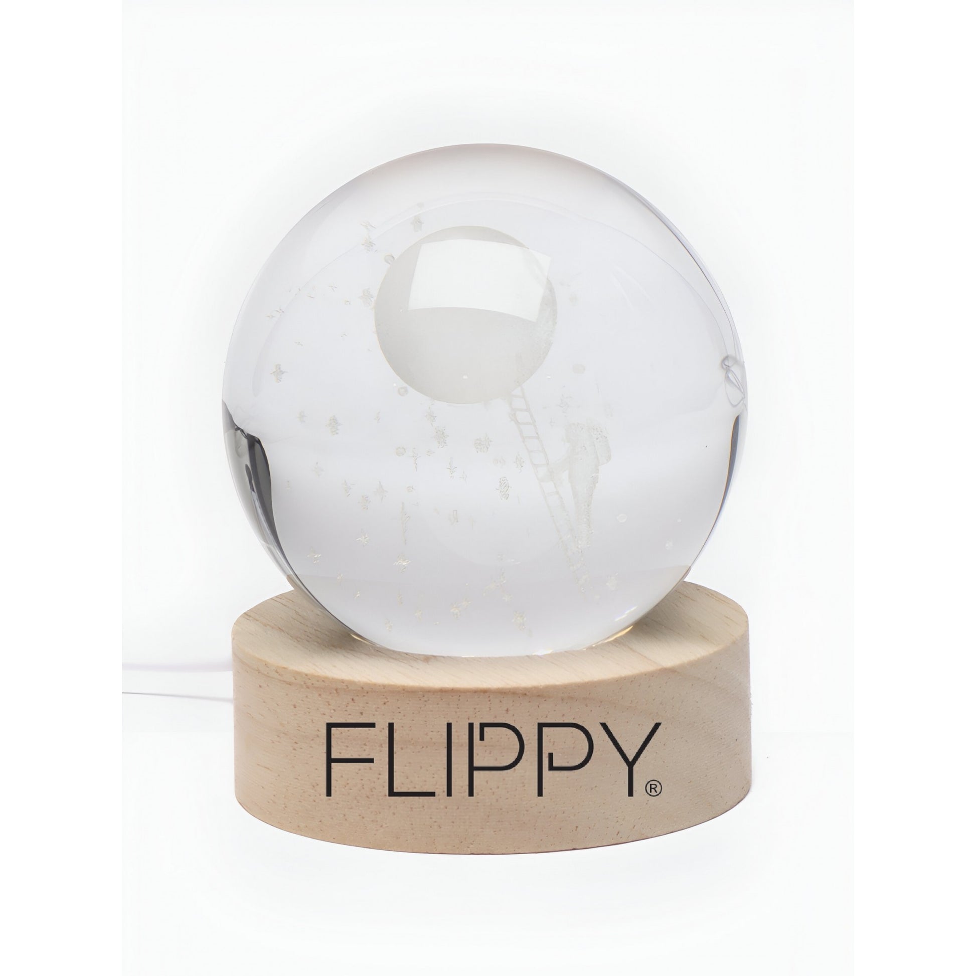 Lampa LED Decorativa, Flippy, cu Bila de Cristal cu Diametru 6cm, Model Astronaut pe Scara catre Luna 3D, Alimentare USB, Suport din Lemn, Lumina Alb Cald-4