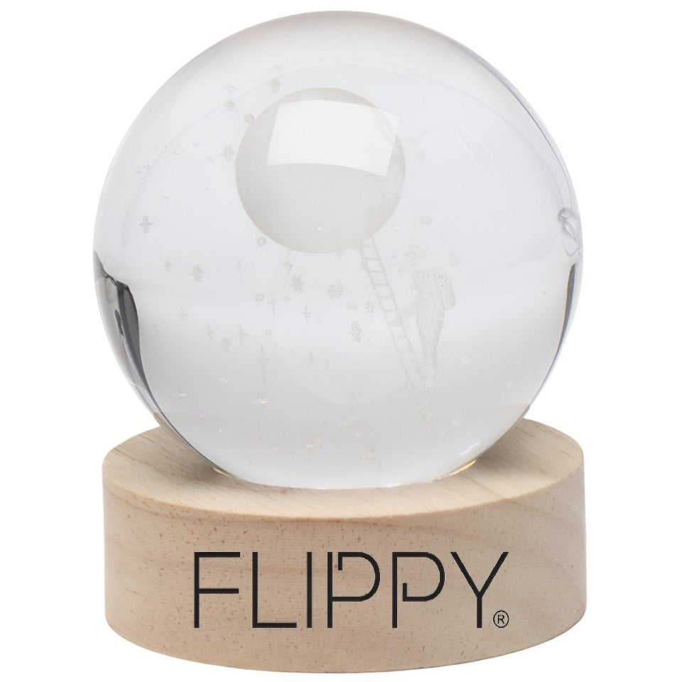 Lampa LED Decorativa, Flippy, cu Bila de Cristal cu Diametru 6cm, Model Astronaut pe Scara catre Luna 3D, Alimentare USB, Suport din Lemn, Lumina Alb Cald-0