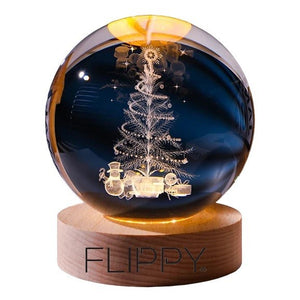 Lampa LED Decorativa, Flippy, cu Bila de Cristal cu Diametru 6cm, Model Brad de Craciun 3D, Alimentare USB, Suport din Lemn, Lumina Alb Cald-0