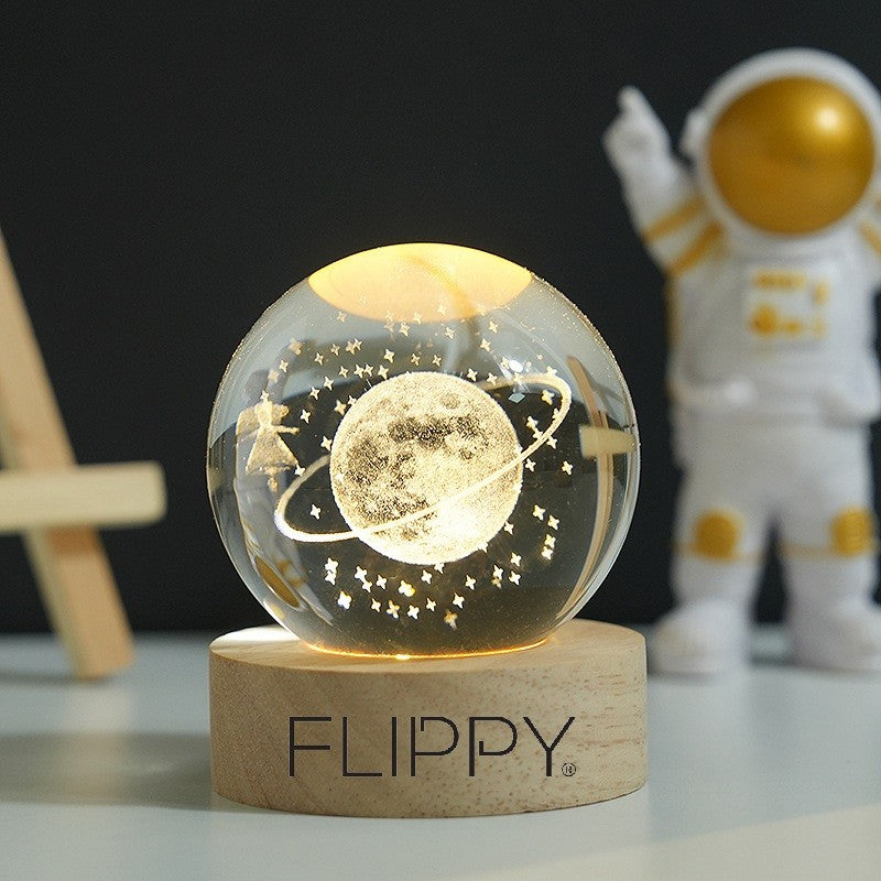 Lampa LED Decorativa, Flippy, cu Bila de Cristal cu Diametru 6cm, Model Cer Instelat 3D, Alimentare USB, Suport din Lemn, Lumina Alb Cald-6