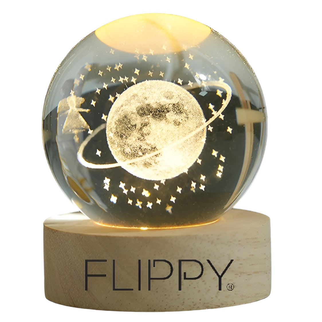 Lampa LED Decorativa, Flippy, cu Bila de Cristal cu Diametru 6cm, Model Cer Instelat 3D, Alimentare USB, Suport din Lemn, Lumina Alb Cald-0