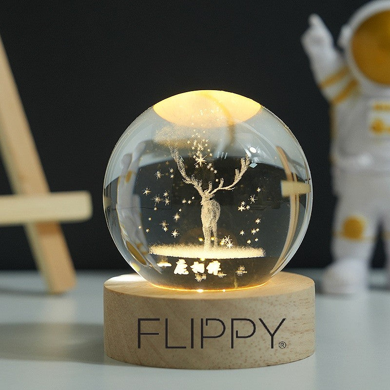Lampa LED Decorativa, Flippy, cu Bila de Cristal cu Diametru 6cm, Model Cerb 3D, Alimentare USB, Suport din Lemn, Lumina Alb Cald-1