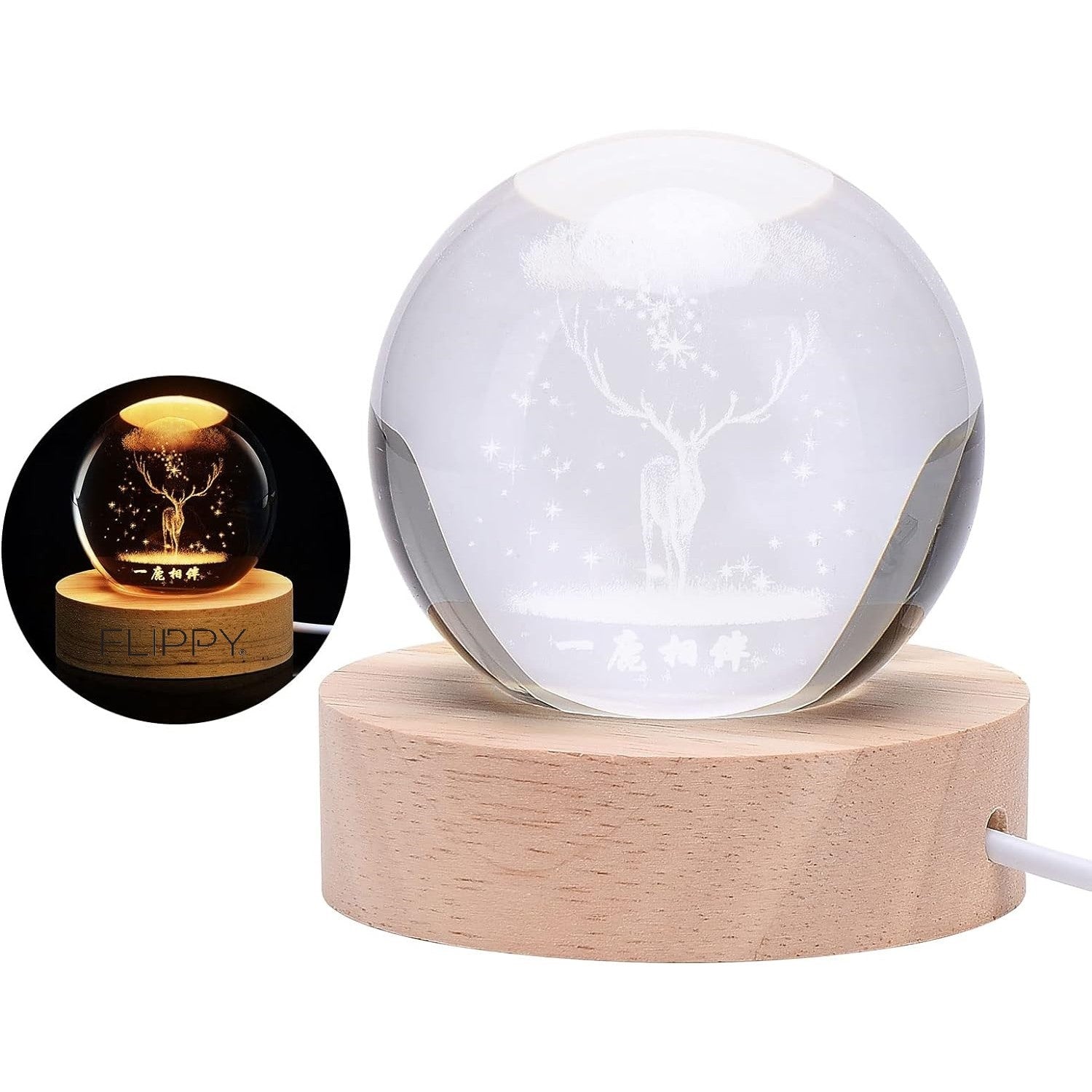 Lampa LED Decorativa, Flippy, cu Bila de Cristal cu Diametru 6cm, Model Cerb 3D, Alimentare USB, Suport din Lemn, Lumina Alb Cald-2