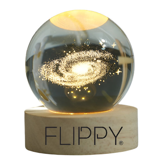 Lampa LED Decorativa, Flippy, cu Bila de Cristal cu Diametru 6cm, Model Galaxie 3D, Alimentare USB, Suport din Lemn, Lumina Alb Cald-0