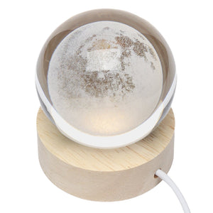Lampa LED Decorativa, Flippy, cu Bila de Cristal cu Diametru 6cm, Model Luna 3D, Alimentare USB, Suport din Lemn, Lumina Alb Cald-0