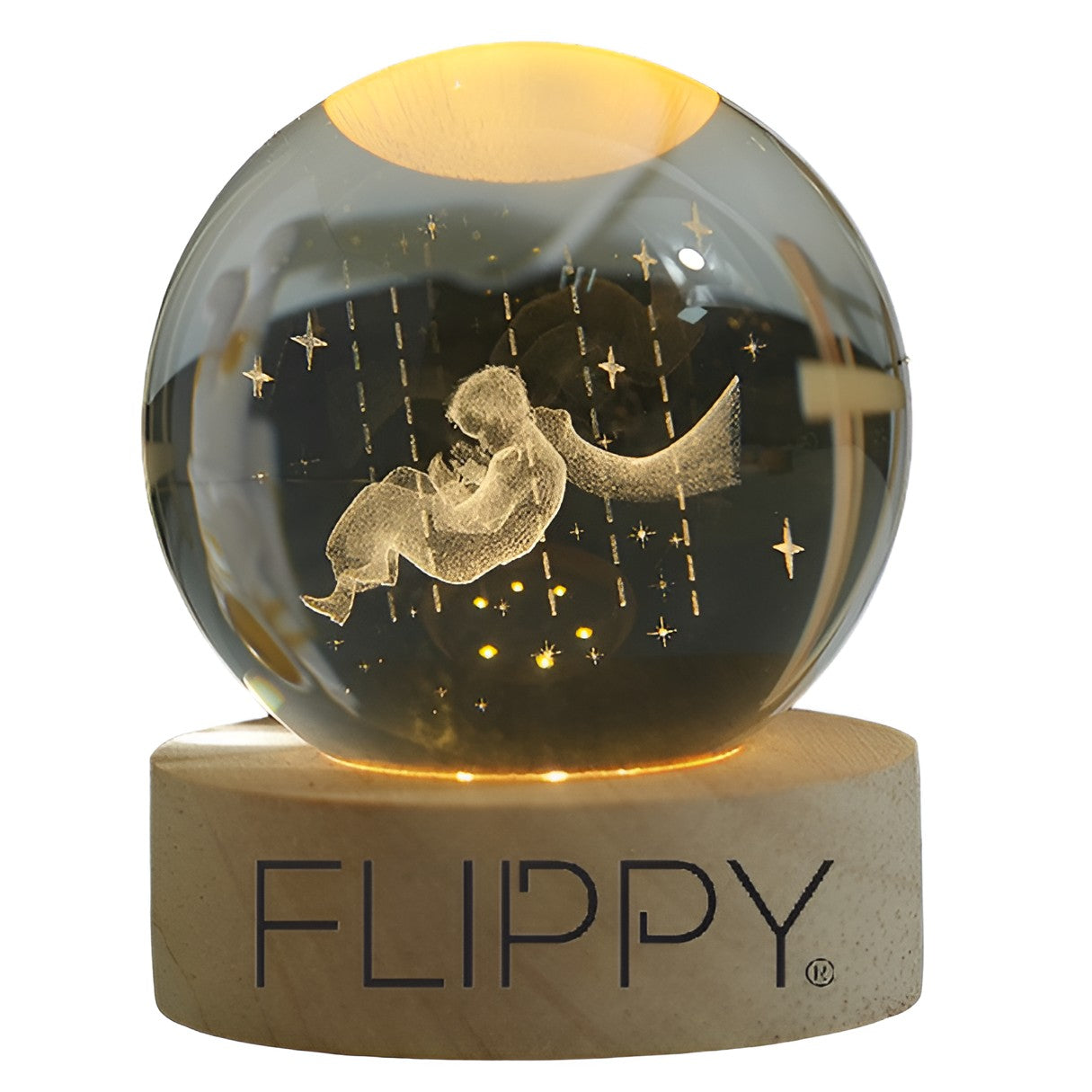 Lampa LED Decorativa, Flippy, cu Bila de Cristal cu Diametru 6cm, Model Micul Print 3D, Alimentare USB, Suport din Lemn, Lumina Alb Cald-0