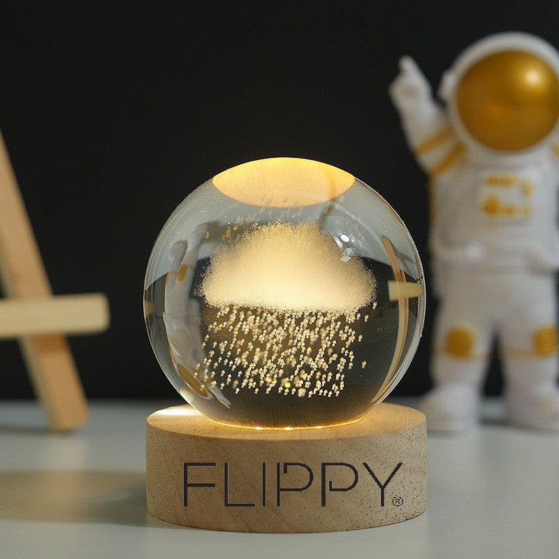 Lampa LED Decorativa, Flippy, cu Bila de Cristal cu Diametru 6cm, Model Nor Ploios 3D, Alimentare USB, Suport din Lemn, Lumina Alb Cald-2