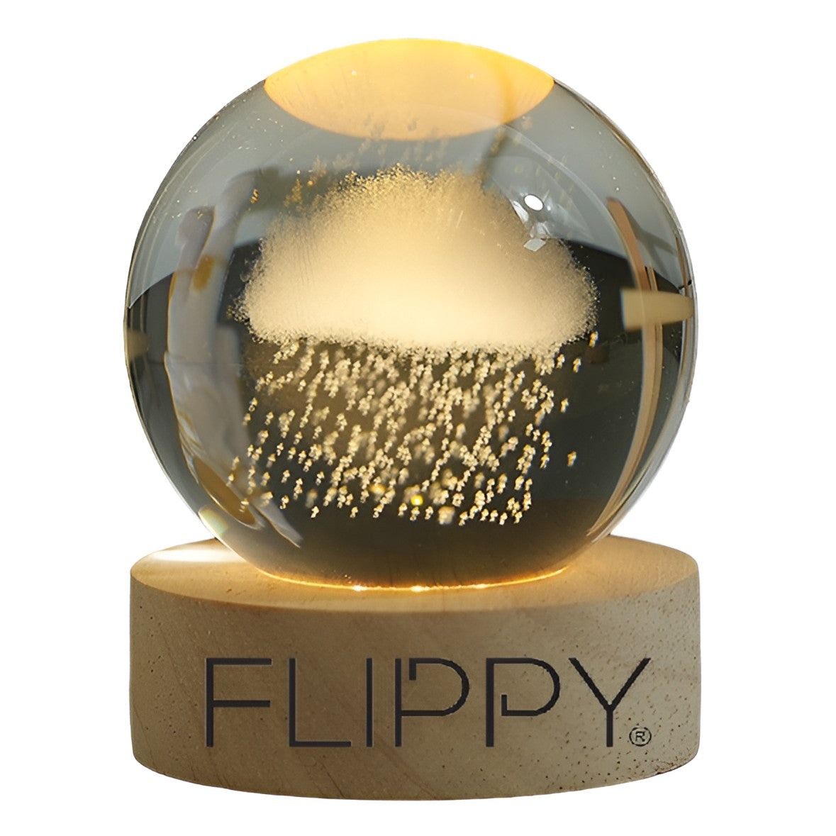 Lampa LED Decorativa, Flippy, cu Bila de Cristal cu Diametru 6cm, Model Nor Ploios 3D, Alimentare USB, Suport din Lemn, Lumina Alb Cald-0