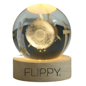 Lampa LED Decorativa, Flippy, cu Bila de Cristal cu Diametru 6cm, Model Papadie 3D, Alimentare USB, Suport din Lemn, Lumina Alb Cald-0