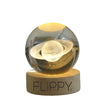 Lampa LED Decorativa, Flippy, cu Bila de Cristal cu Diametru 6cm, Model Saturn 3D, Alimentare USB, Suport din Lemn, Lumina Alb Cald-0