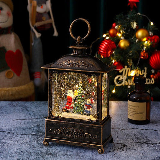 Decoratiune Craciun, Tip Felinar, Figurine Mos Craciun cu Baietel, 3 Moduri, Functie Muzicala, Zapada in Miscare, Functioneaza Cu Baterii ( 3 x AA neincluse), Cablu USB (Inclus), Model Vintage Negru - Auriu, 14.5 x 8 x 23 cm, Alb Cald-0