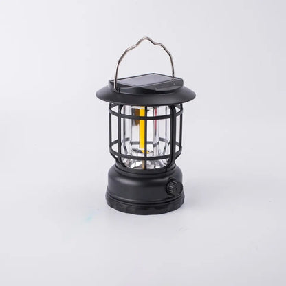 Lampa portabila camping, Felinar Vintage, ABS, Iluminare 30 COB LED, Intensitate reglabila, Acumulator inclus, Incarcare Solara si USB, 5W, Flippy, Negru-2